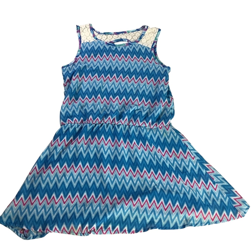 Dreamstar Sleeveless Chevron Lace Back Dress Girls L 14 Blue Pink Boho Summer